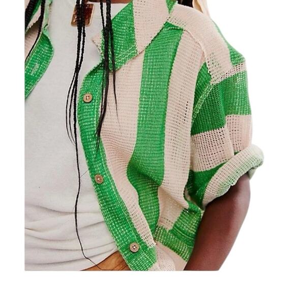 We The Free People Del Mar Cabana Shirt Green Tan Stripe NWOTs size large - Picture 4 of 13